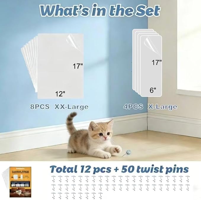 Cat Scratch Furniture Protector 12 Pack with 50 Pins — 0.15mm Thick Sheets, Dual-Size 8×(17"x12") + 4×(17"x6"), Clear Anti Scratch Deterrent for Couch Sofa, Residue-Free MSDS Safe
