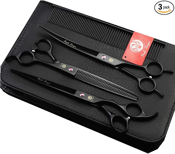 Purple Dragon 8.0 inch Dog Hair Cutting, Curved and Thinning Scissors Shear Pet Grooming Tool Kit