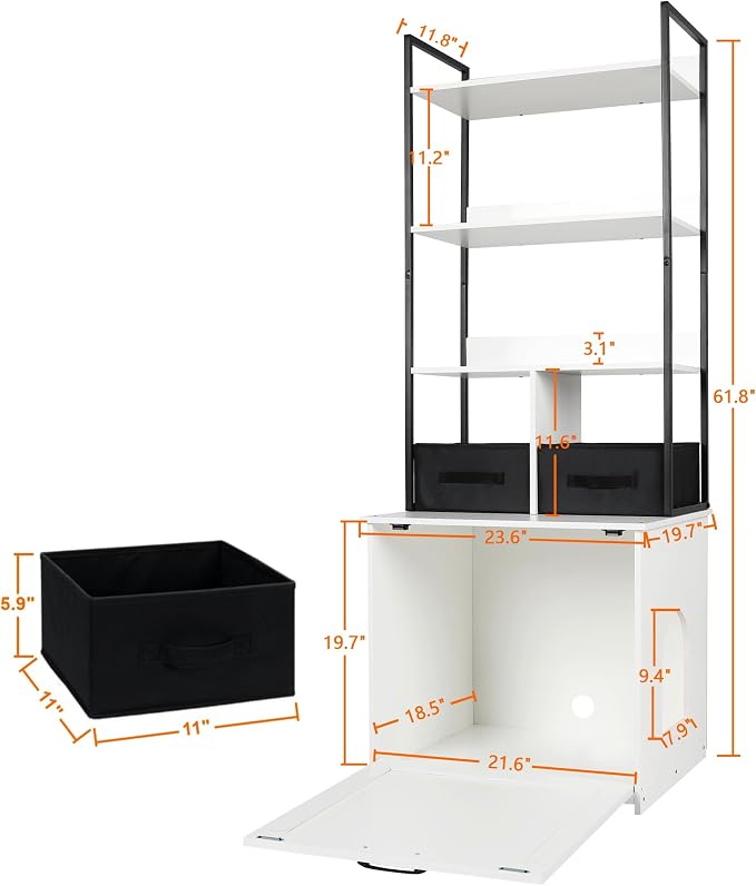 Dwanton Litter Box Enclosure with 3 Storage Shelves and 2 Drawers, 2-in-1 Hidden Cat Litter Box Enclosure Furniture with Shelf, Reversible Entrance, Washable Drawers, 61.8-Inch, White
