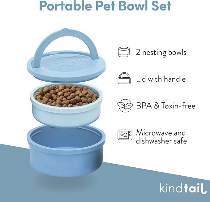 KindTail Pet Bowl Set + Silicone Pet Food Mat - Includes (2) Portable Pet Bowls with Lid & Handle + (1) Waterproof Pet Feeding Mat - Made from Food-Grade, Dishwasher-Safe Materials - BPA & Toxin-Free