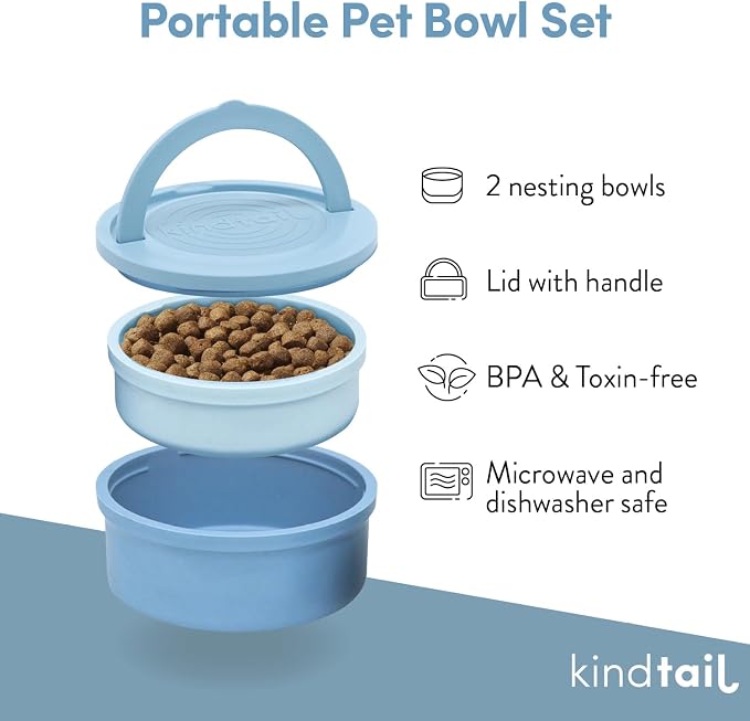 KindTail Pet Bowl Set + Silicone Pet Food Mat - Includes 2 Portable Dog Bowls with Lid & Handle + 1 Waterproof Pet Feeding Mat - Made from Food-Grade, Dishwasher-Safe Materials - BPA & Toxin-Free