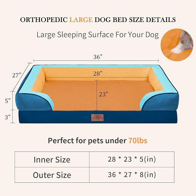 Comfort Expression Orthopedic Dog Bed for Large Dogs 36x27 Inch, Waterproof Egg Crate Foam Large Pet Bed with Bolsters, Dog Couch with Washable Cover & Non-Slip Bottom, Golden Harbor