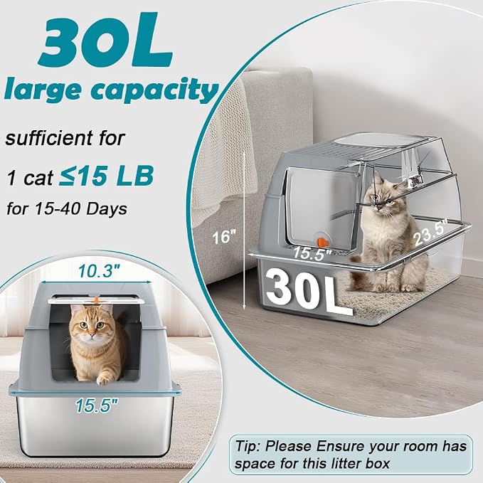 SZEE XL Stainless Steel Litter Box with Lid, Extra Large Metal Covered Litter Box, Stainless Box Easy Clean, Activated Charcoal Odor Control Design, Includes Litter Scoop & Mat & Step, Grey