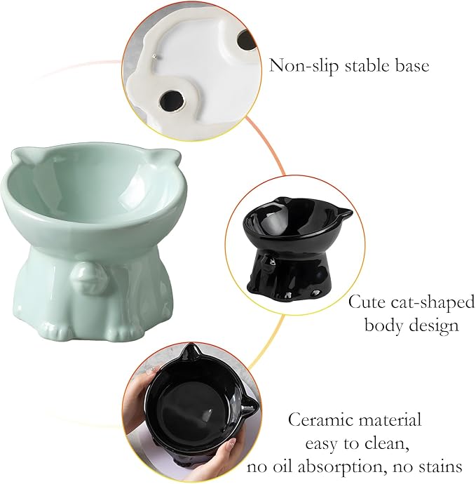 Ceramic Elevated Cats Bowls, 4Pc Extra Wide Raised Cats Bowls, Shallow Whisker Friendly Food & Water Dish, Anti Vomit, Microwave & Dishwasher Safe, 5 oz (Cat Bell 5 X 4.3'')
