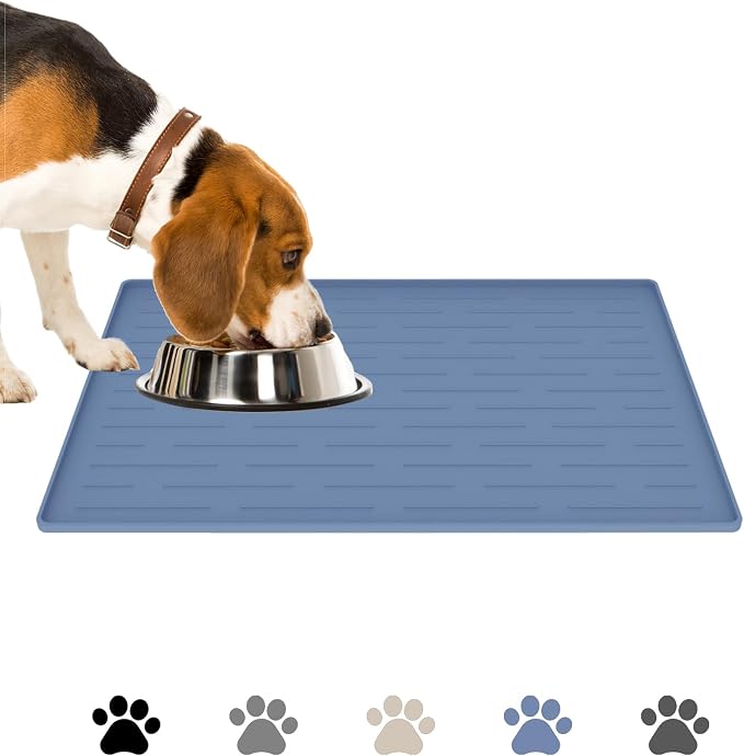 Silicone Dog Food Mat for Cats and Dogs, 18x12 Inch Non-Slip Waterproof Pet Feeding Mat with Raised Edges to Prevent Spills, Easy to Clean Floor Mat for Food and Water Bowls, Lake Blue