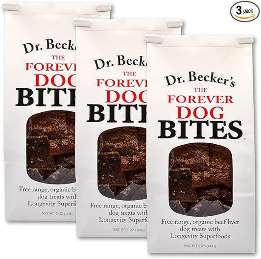 Dr. Becker's The Forever Dog Beef Bites | Made with Curcumin, Nicotinamide Riboside, Carnosine & Quercetin | Organic Beef Liver Training Treats for Dogs & Cats, 5 oz (Pack of 3)