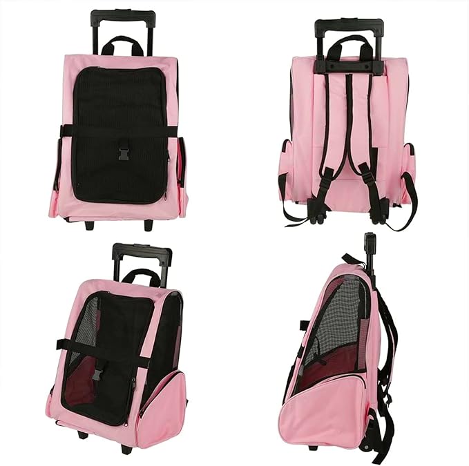Portable Pet Travel Carrier & Backpack Luggage, Pet Carrier Stroller Trolley Bag with Wheels Soft-Sided Dog Cat Puppy Rolling Carrier with Telescopic Handle