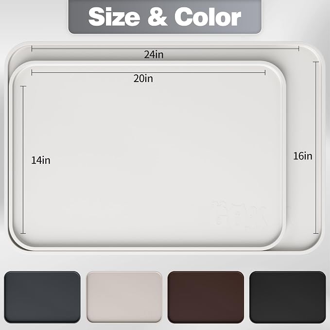 Silicone Dog & Cat Food Mat with Raised Edge, 24"x16" Extra Thick Waterproof Non-Slip Pet Feeding for Food and Water Bowls, Spill Proof Mat to Protect Floors, BPA Free Dishwasher-Safe,Sand White