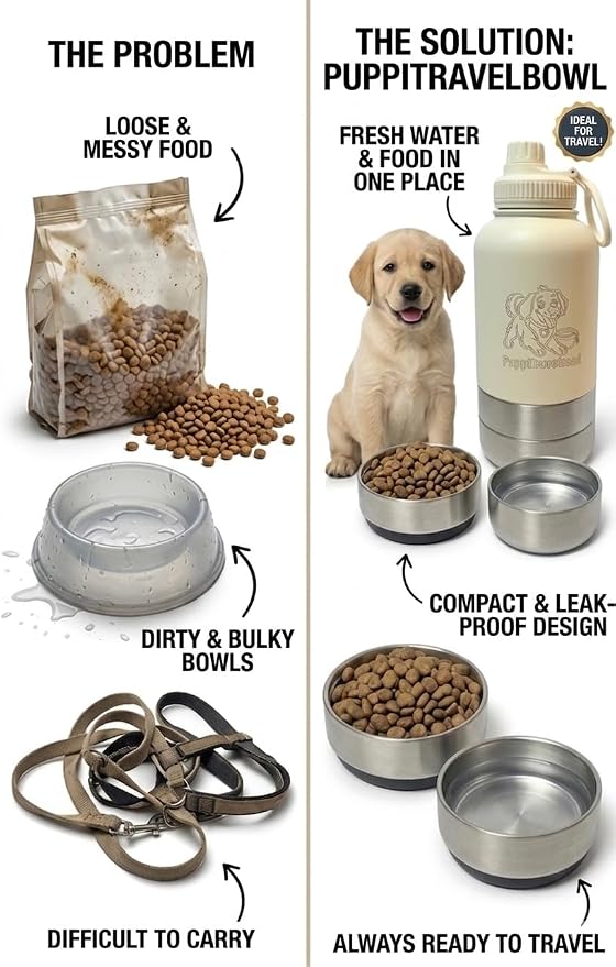 PuppiLovePets PuppiTravelBowl 3-in-1 Dog Travel Water Bottle – 32oz Insulated Aluminum Container with 2 Detachable Cups, Leak-Proof & BPA-Free Portable Feeder for Hiking and - Navy Blue