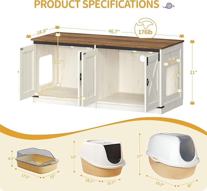 Hzuaneri Cat Litter Box Enclosure for 2 Cats, Hidden Litter Box Furniture Cabinet with Double Room, Indoor Cat House, Farmhouse Style, 46.7 x 18.9 x 21.1 Inches, Rustic Brown and White CB85314X