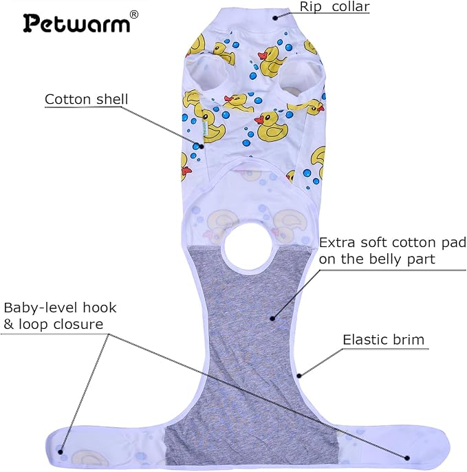 PetWarm Surgery Shirts for Dogs, Recovery Suit for Dogs, Dog Bodysuit for Abdominal Affected Areas Sensitive Skin Areas Substitute E-Collar and Cone, Dog Surgery Recovery Suit, Duck Pattern, White, XL