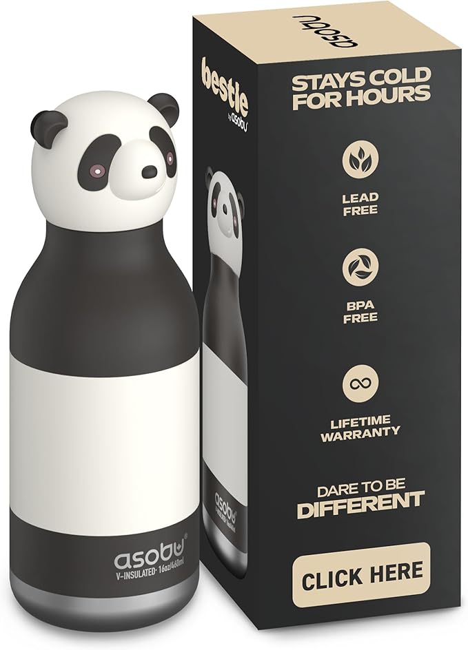 asobu Bestie Bottle Insulated Stainless Steel Water Bottle with Detachable Soft Animal Head Fun Drinking For Kids and Teens with Flexible Reusable Straw 16 Ounce (Panda)