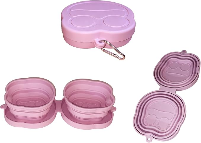 Portable Collapsible Dog Bowl, 2-in-1 Foldable Pet Feeding & Water Dish with Carabiner Lightweight Travel Bowl for Dogs & Cats, Perfect for Walking, Hiking, Camping (Pink)