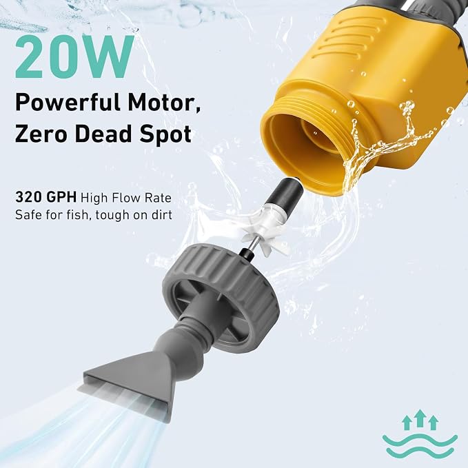 Dirvin Aquarium Vacuum Gravel Cleaner, 8 in 1 Removable 20W Fish Tank Cleaner Gravel Vacuum for Aquarium, Strong Suction for Change Water Wash Sand Clean Algae Water Circulation