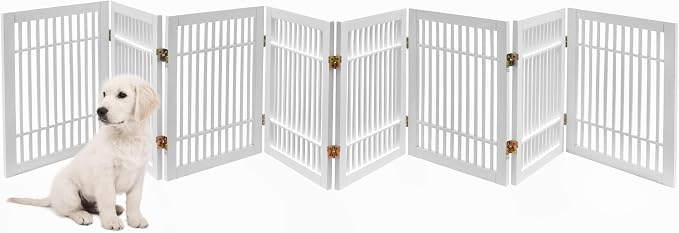 Urnporium Pet Dog Gate Freestanding, Strong Durable Folding Wooden Fence, Portable Acacia Hardwood Safety Barrier for Indoor & Outdoor Use (White Pet Gate, 8 Panel 24" Tall)