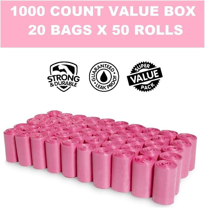 EZ Pick Up Pet Dog Bags - 1000 Count Waste Bags, Puppy Pick Up Bag, Doggy Walking Clean Up (Pink, Black, Blue) (Pink)