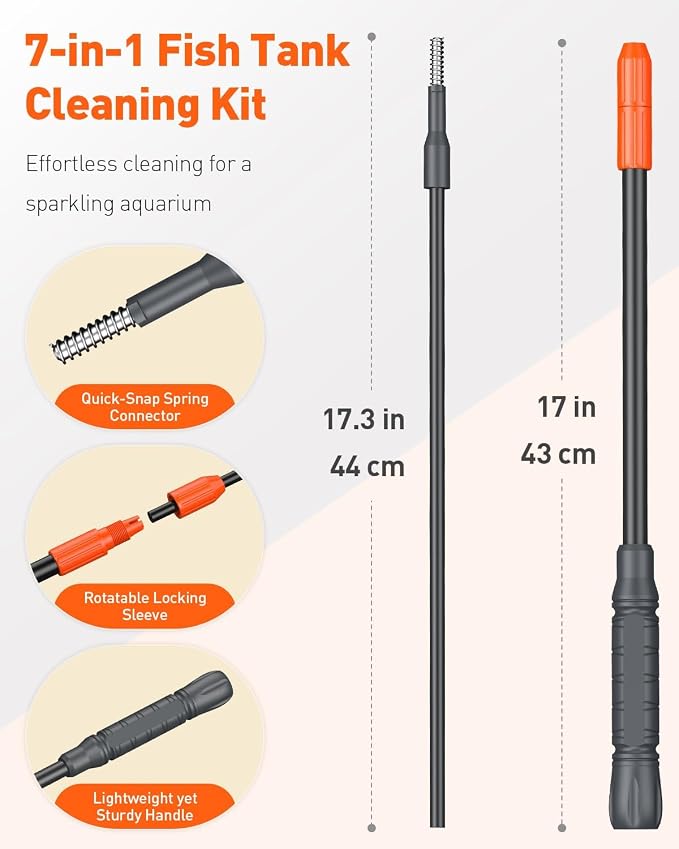 Pawfly Aquarium Cleaning Tools, 7 in 1 Fish Tank Cleaning Kit, Algae Scraper, Sponge Scrubber Pad, Brush, Gravel Rake & Fish Net with Adjustable Long Handle, Tank Cleaner Set