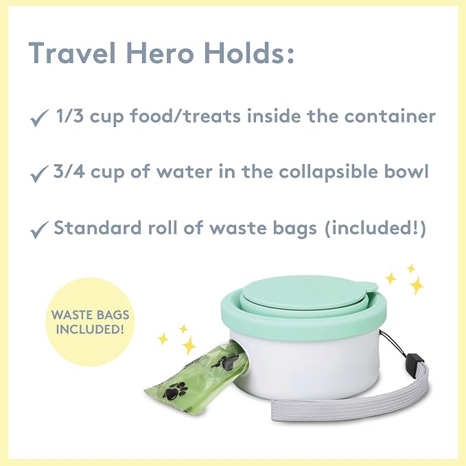 Travel Hero 3-in-1 Portable Pet Food Container for Puppies and Small Breeds, Comes with a Silicone Water Bowl and Poop Bag Dispenser in One, Sea Glass