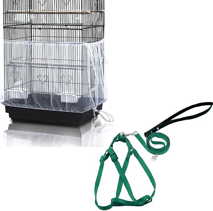 ASOCEA Bird Cage Seed Cather with Adjustable Bird Harness and Leash Universal Adjustable Birdcage Cover Skirt Nylon Mesh Netting Parrot Parakeet Macaw African Round Square Cages Cover