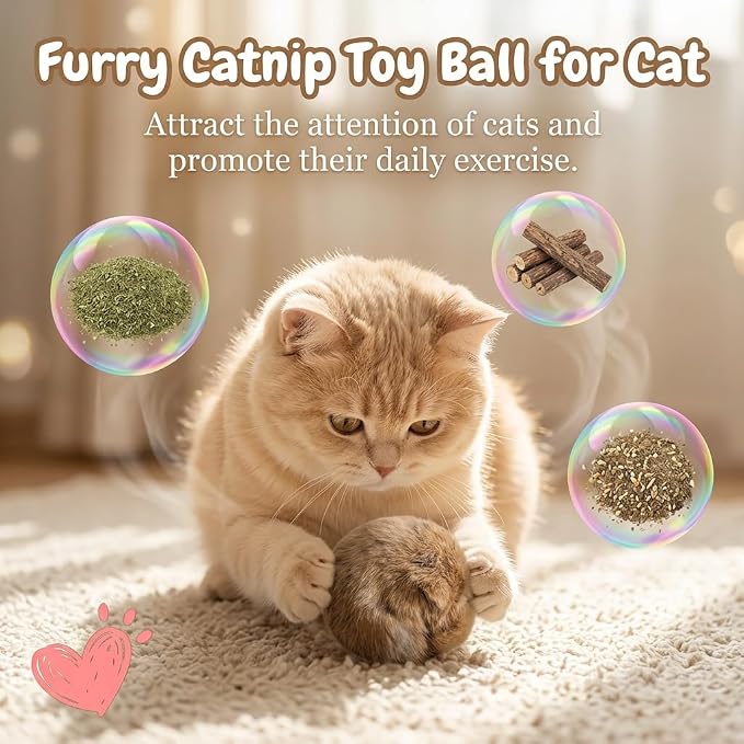 Rabbit Fur Ball Cat Toys,6 Pack Soft Fluffy Catnip Toy Balls for Indoor Cats,3.15 Inch Furry Cat Exercise Ball for Hunting Instinct&Bunny Kicks,Washable Interactive Cat Toy for Chasing & Bonding(3PC)