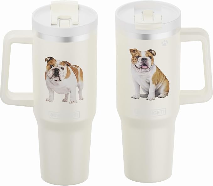 E&S Pets SERENGETI 40 Oz Ultimate Tumbler with Handle and Straw - Vacuum Insulated Tumbler with Straw and Lid - Stainless Steel Travel Mug for Pet Lovers - 3D Designs of your favorite Dog (Bulldog)