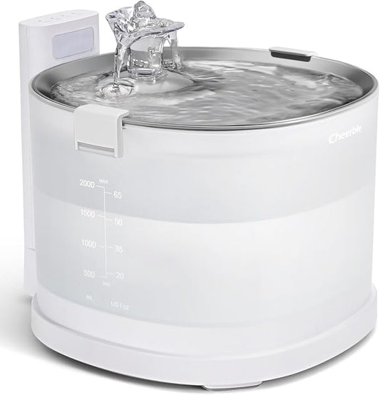 Cheerble Pumpless Cat Water Elfin Fountain, Wireless Pet Fountain Battery Operated, 2L/67oz E1+ Automatic Water Dispenser Cats & Dogs MagDrive™ Technology Stainless Steel Tray, No Cleaning Hassle