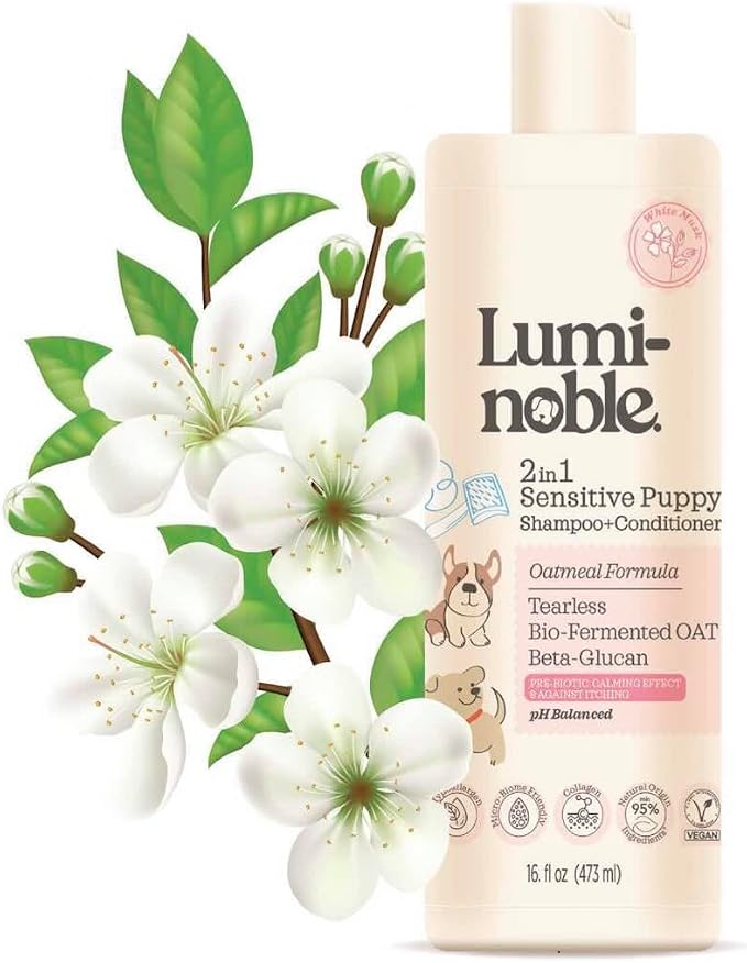 2in1 Hypoallergenic Dog Shampoo & Conditioner, Tearless Dog Wash for Puppies with Oatmeal & Collagen Formula, Itchy Skin Relief, White Musk Scent, Moisturizing & Skin Sensitive Friendly, 16 fl oz