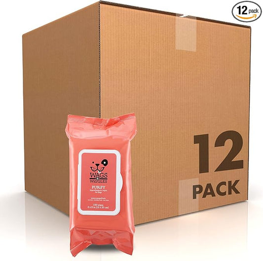 Wags & Wiggles Purify Hypoallergenic Dog Wipes for Sensitive Skin, Paw and Body Grooming Wipes with Gentle Plant Based Formula for Everyday Cleaning, Zesty Grapefruit Scent, 100 Count - 12 Pack