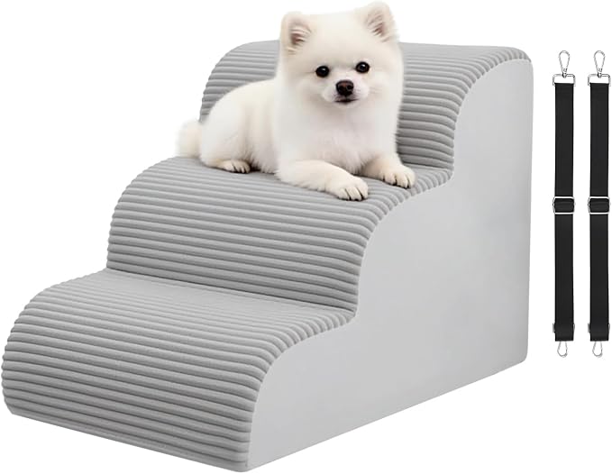 Dog Stairs for Couch and Chair,15.7" H 3-Step Pet Steps for Small Dogs and Cats, Non-Slip Sturdy Dog Ramp with Anti-Tip Safety Strap and Washable Cover,Balanced Ramp Indoor Pet Stairs