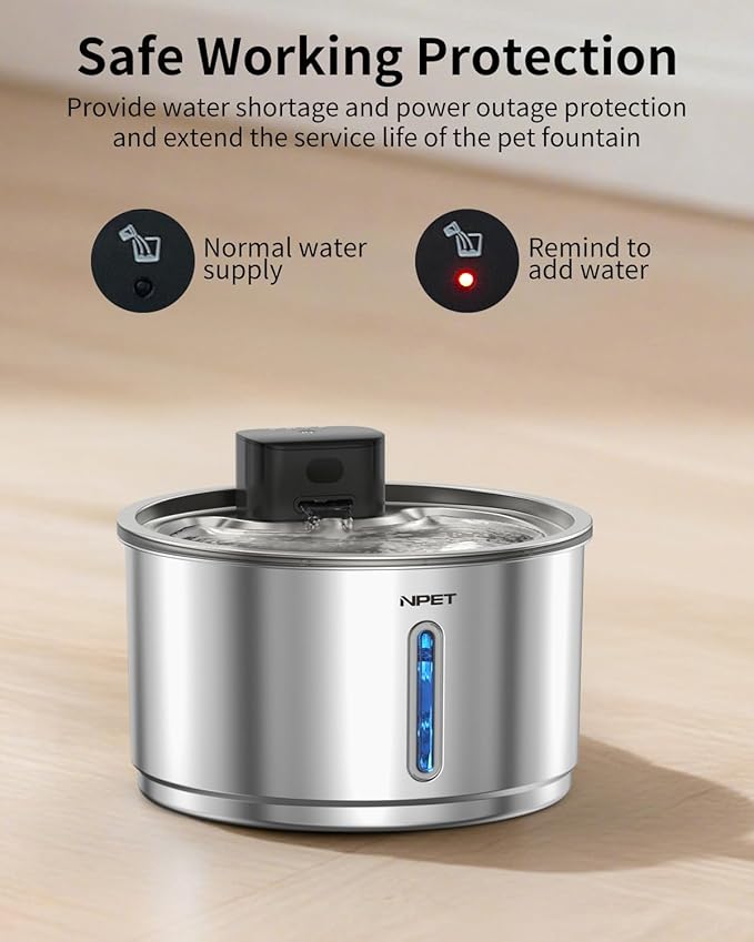 NPET Stainless Steel Wireless Cat Fountain, 1Gallon/135oz Battery Operated Automatic Pet Drinking Fountain - Cordless Dog Water Dispenser with 4 Replacement Filters for Cats Indoor