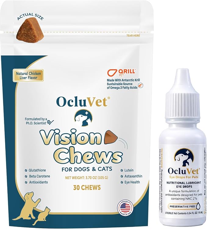 OcluVet Bundle Eye Supplements for Dogs & Cats | Vision Chews with Omega-3 for All Ages | Includes 30 Chicken Liver Flavored Chews & Pet Eye Drops, 16 mL | Antioxidants & 2% NAC for Cataracts