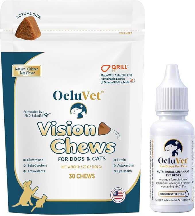 OcluVet Bundle Eye Supplements for Dogs & Cats | Vision Chews with Omega-3 for All Ages | Includes 30 Chicken Liver Flavored Chews & Pet Eye Drops, 16 mL | Antioxidants & 2% NAC for Cataracts