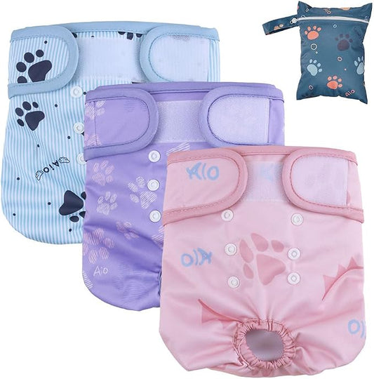 AIO Dog Diapers Female(3 Pack), Small Medium Large Highly Absorbent Wraps Reusable Dog Diapers Female