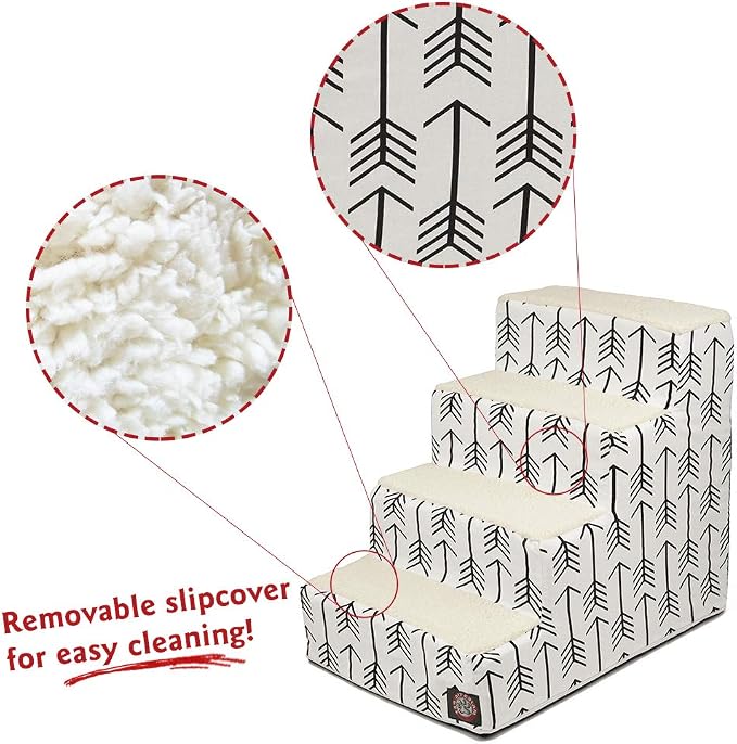 Majestic Pet 4 Step Portable Dog Stairs for Small Dogs to get on Bed Supports 25 lbs or Less – Dog Steps for High Bed with Machine Washable Cover – Pet Stairs for Cats Arrow White/Black