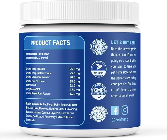 Zen Bites - Calming Chews for Pets - 120 Count - Organic Hemp Soft Chews for Dogs & Cats - Stress Relief - Promotes Relaxation - Thunderstorms - Fireworks - Travel Friendly