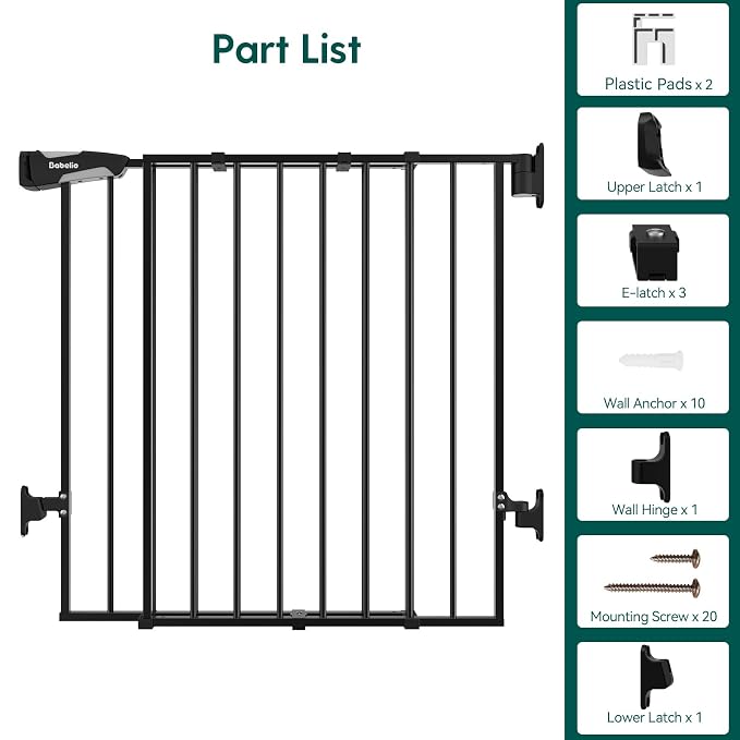 Babelio Baby Gate for Stairs, Kitchen & Doorways, No Bottom Bar| One-Handed Operation| Auto-Close| Hardware Mount (Drill Needed) Safety Dog/Pet Gate (Black - B17, 26-43" W, 28" H)