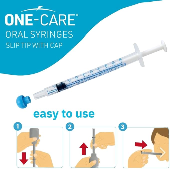 ONE-CARE 1ml Oral Syringe with Cap - Sterile, Individually Wrapped - 100 Dispensers, Slip Tip, Uses include oral administration of medicine for infants, adults and animals