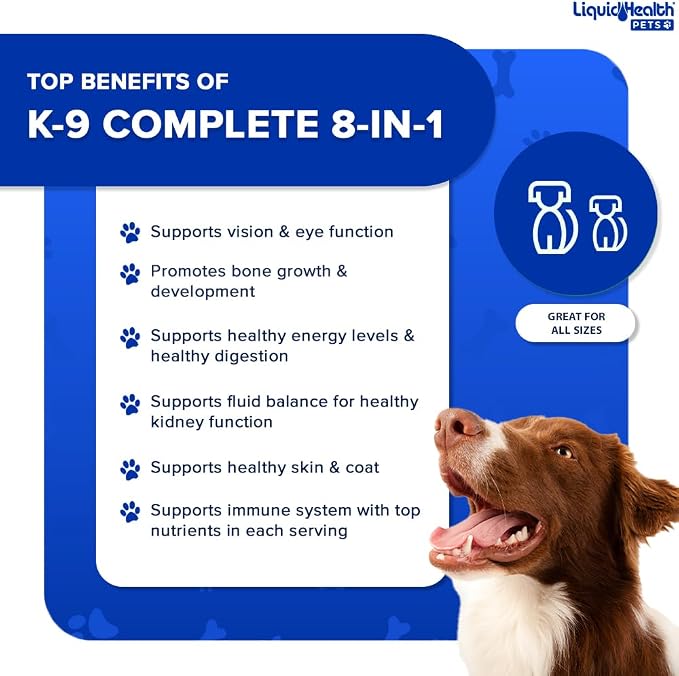 LIQUIDHEALTH Pets K9 Glucosamine Chondroitin Hip & Joint Formula & K9 Complete 8-in-1 Multivitamin for Dogs, Puppies - Pet Supplement Bundle for Joint Health, Immune Support, Canine Vitamins, USA Made