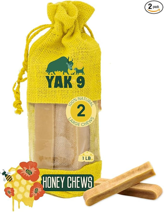 Yak9 Cheese Dog Chews, High Protein Treats, Natural, Rawhide Free, Long Lasting with Vitamins & Minerals, Large Size, Honey, 2 PC, 1lb