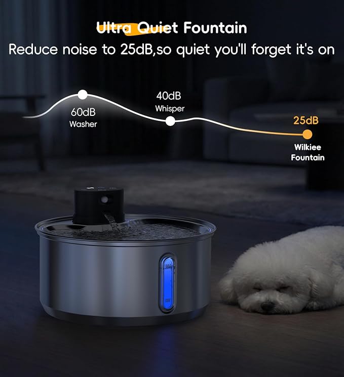 Stainless Steel Cat Water Fountain, 186fl.oz/1.45Gal Wireless Dog Water Fountain Battery Operated, Pet Water Dispenser Cordless for Cats & Dogs Indoor
