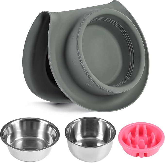 100% Waterproof BPA Free Pet Dog Bowls2 Stainless Steel（53oz+27oz） with 1.35“ Raised Edge Silicone Mat + Slow Feed Dog Water and Food Bowls for Feeding Small Large Dogs Cats Puppies (Gray)