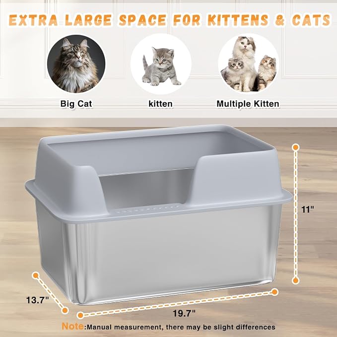 Stainless Steel Cat Litter Box with Lid, High Side Litter Box Enclosure, Enclosed Litter Box for Big and Small Cats (One Size)