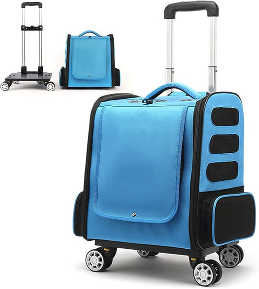 Pet Trolley Backpack,Cat Carrier with Wheels,Dog Rucksack Bag Pet Stroller,Multi-Function Rolling Carrier with Adjustable Height, Cats,Puppies Travel Bag Luggage Box with Telescopic Handle