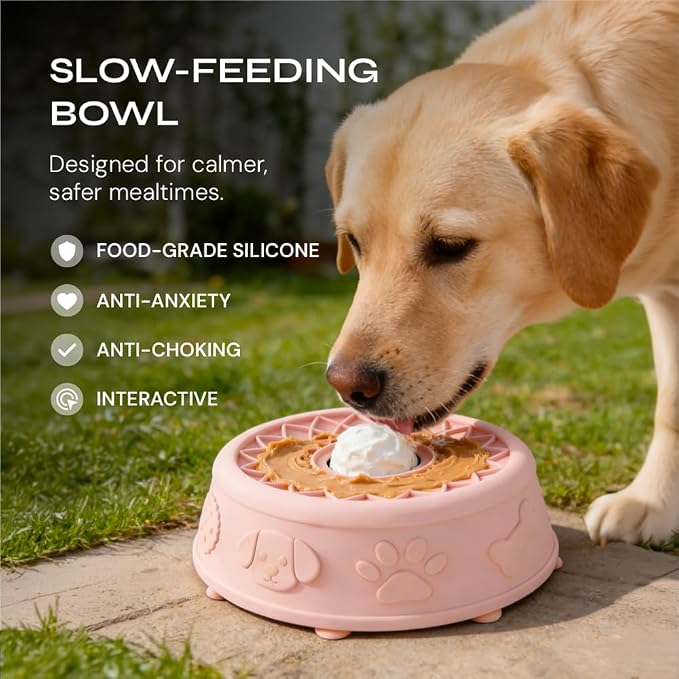 Slow Feeder Dog Bowl with Rolling Ball, No Spill Silicone Pet Lick Bowl for Dogs and Cats, Anti Slip Suction Base, Interactive Pet Feeder for Slower Eating and Cleaner Mealtime (Black)