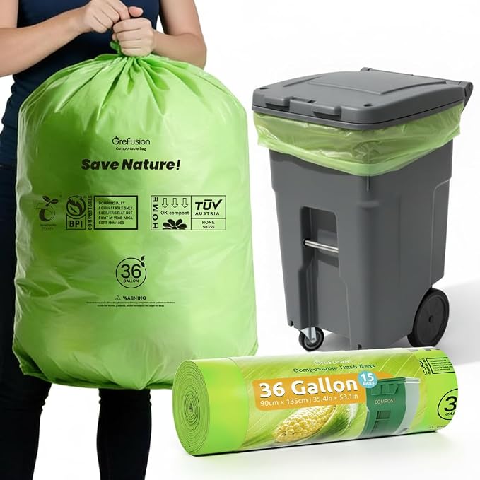 GreFusion Compostable 36 gallon Trash Bags, Extra Thick 1.28 Mills, Compost 36 Gal Trash Bags (Kitchen Tall Garbage Bags), Compostable Lawn & Leaf Yard Waste bags,ASTM D6400,Bpi Certified