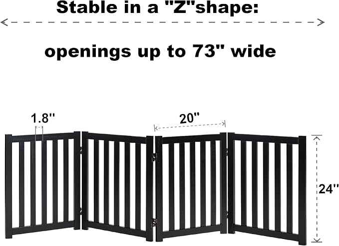 LZRS 4-Panel Wooden Free Standing Foldable Dog Gate Indoor – 24" High, Extra Wide Step-Over Safety Pet Gate for Doorways, Stairs, Hallways, Large Spaces & Playpen for Puppies Indoor Use, Black