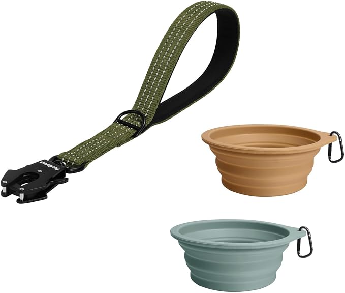 PetBonus Heavy Duty 12 Inch Short Dog Leash and 2-Pack Large Silicone Collapsible Dog Bowls