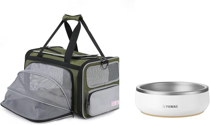 TSA Airline Approved Soft Sided Collapsible Pet Travel Carrier and Small cat Bowl