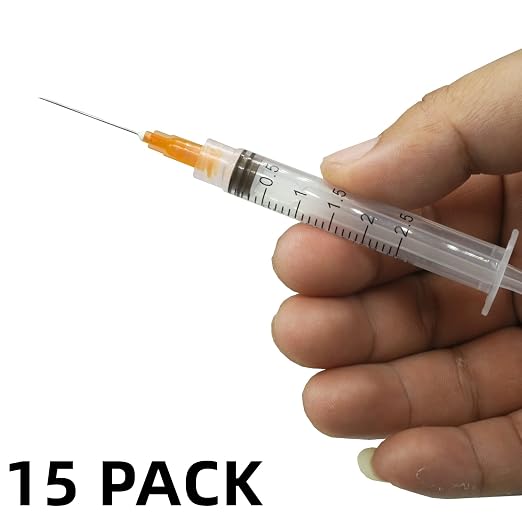 15 Pack 2.5ml 25Ga Plastic Syringe with Measurement for Scientific Labs and Industrial Dispensing, Disposable Individually Wrapped (15, 2.5ml-25Ga)