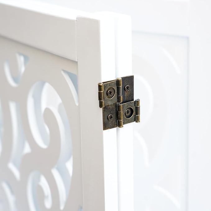 Ashfield & Harkness: 3-Panel Pet Gate - Scroll White - Wooden Foldable Freestanding Fence, Small Dogs & Puppy, 48 x 19.3, Indoor-Doorway-Halls-Stairs